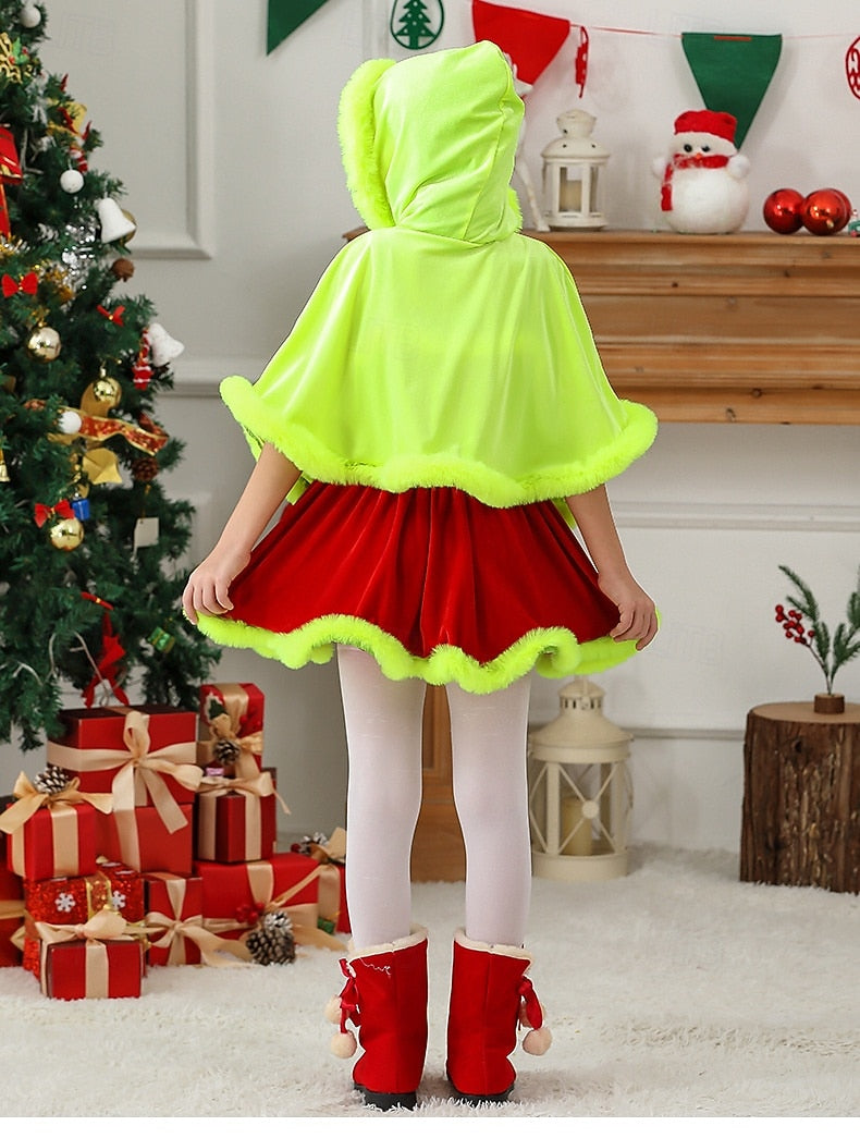 Girls' Santa Claus, Mrs. Claus & Green Monster Christmas Costume Set – Furry Dress with Cape & Accessories