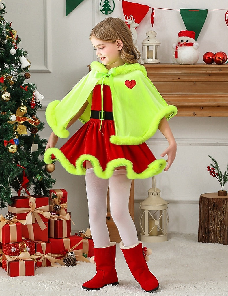 Girls' Santa Claus, Mrs. Claus & Green Monster Christmas Costume Set – Furry Dress with Cape & Accessories