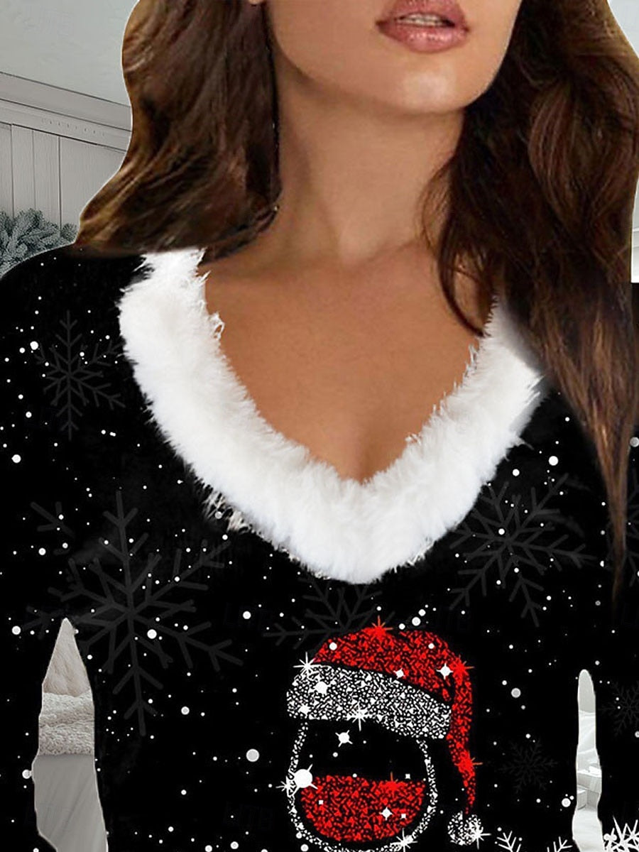 Christmas Women’s V-Neck Blouse Sweatshirt with White Fur Trim, Sequin Embellished