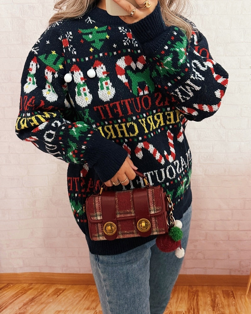 Women’s Christmas Floral Sweater – Cute Knit Pullover with Pom Poms