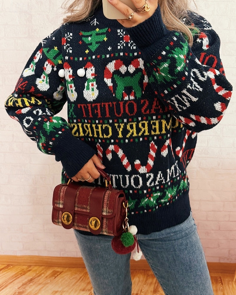 Women’s Christmas Floral Sweater – Cute Knit Pullover with Pom Poms