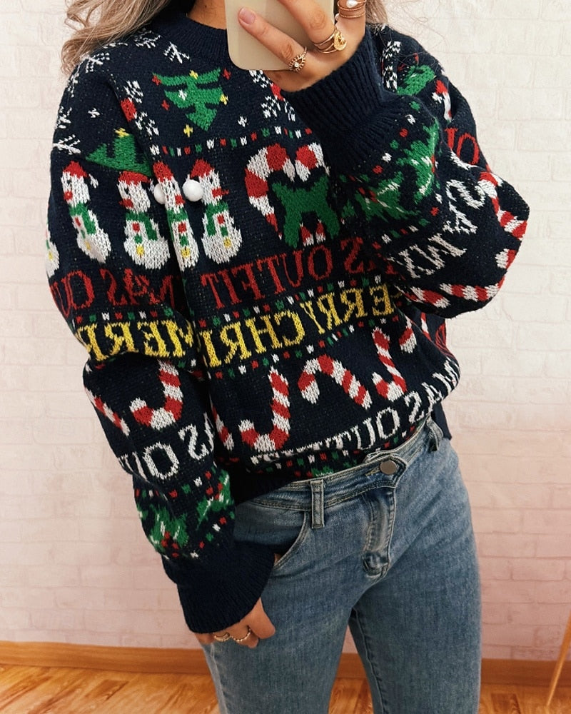 Women’s Christmas Floral Sweater – Cute Knit Pullover with Pom Poms