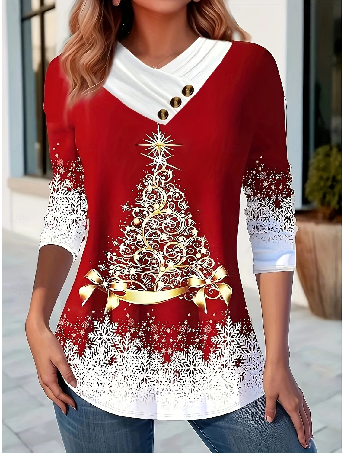 Women’s Vintage Christmas Graphic V-Neck Tee – Long Sleeve Button Front Asymmetrical Top