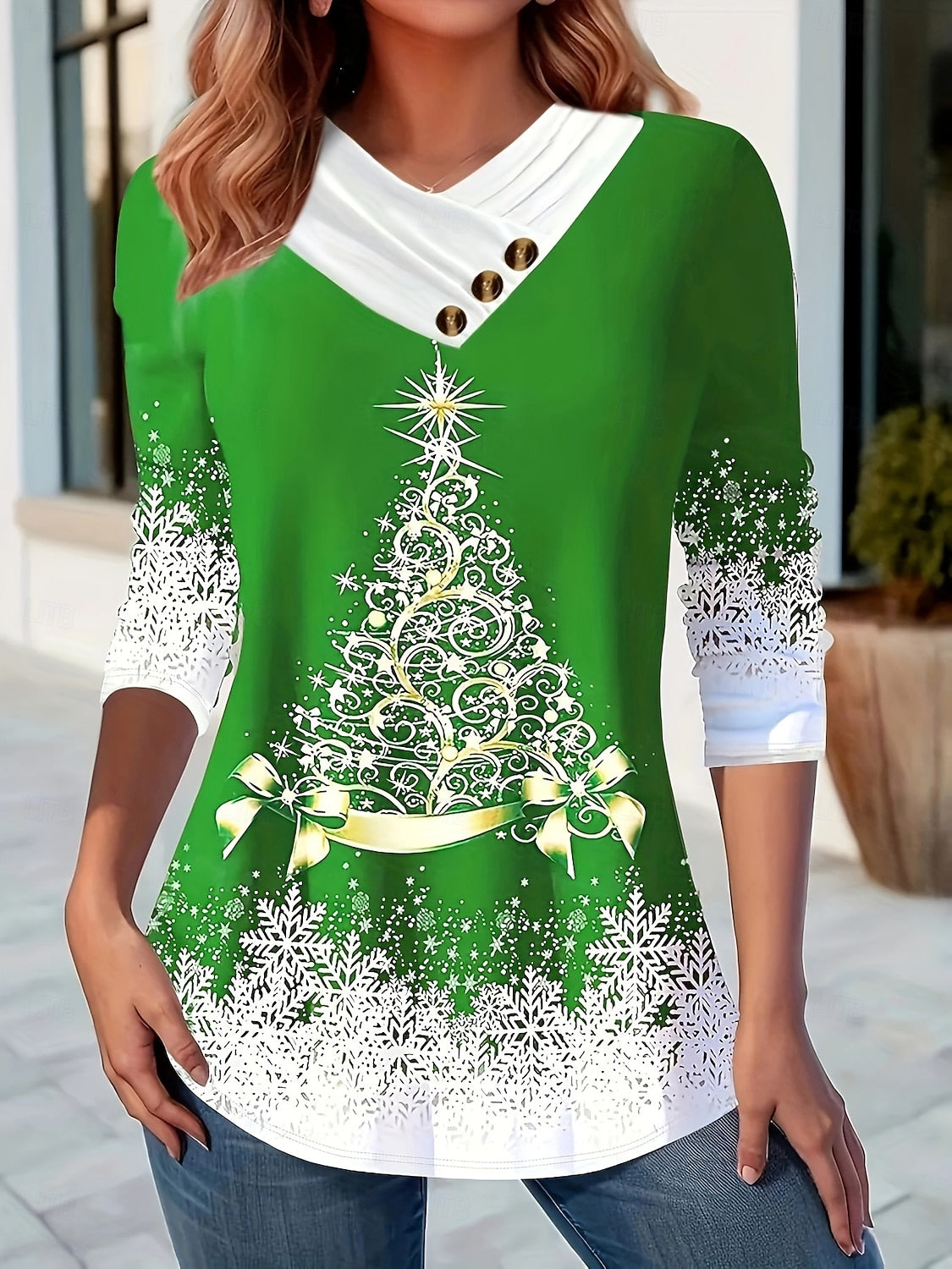Women’s Vintage Christmas Graphic V-Neck Tee – Long Sleeve Button Front Asymmetrical Top