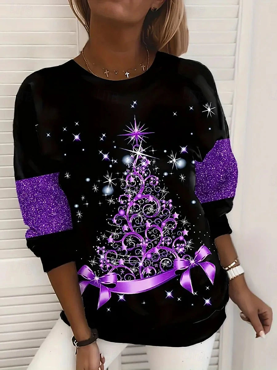 Women’s Christmas Tree Graphic Pullover – Cozy Long Sleeve Crew Neck Sweatshirt Hoodie
