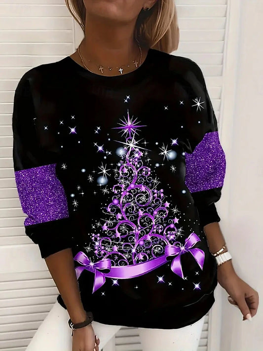 Women’s Christmas Tree Graphic Pullover – Cozy Long Sleeve Crew Neck Sweatshirt Hoodie