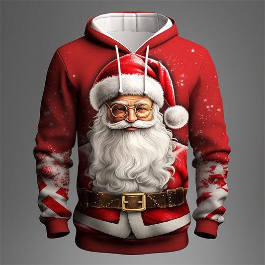 Christmas Men’s 3D Santa Claus Hoodie – Festive Graphic Print Pullover with Hood & Front Pocket