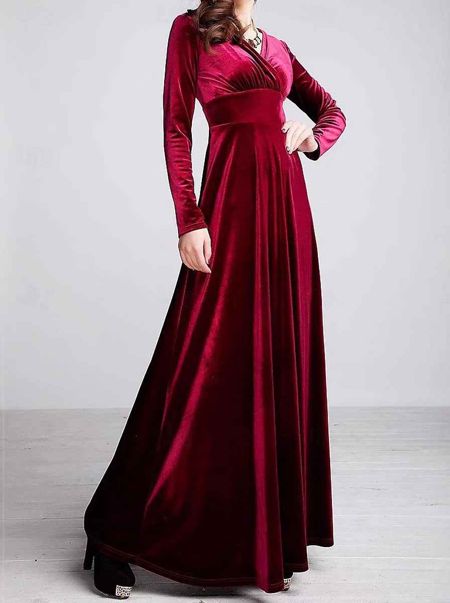 Christmas Women's Velvet Maxi Dress – Long Sleeve V-Neck Sheath