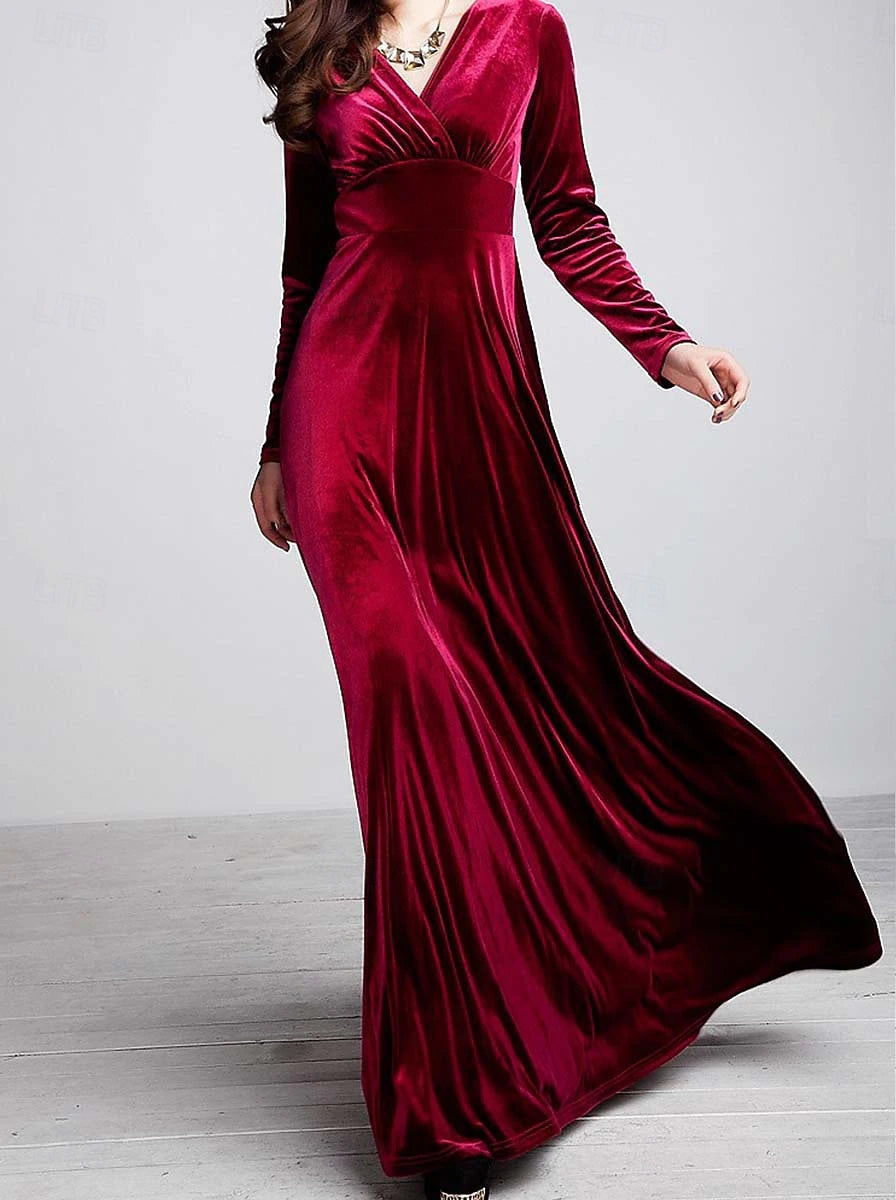 Christmas Women's Velvet Maxi Dress – Long Sleeve V-Neck Sheath
