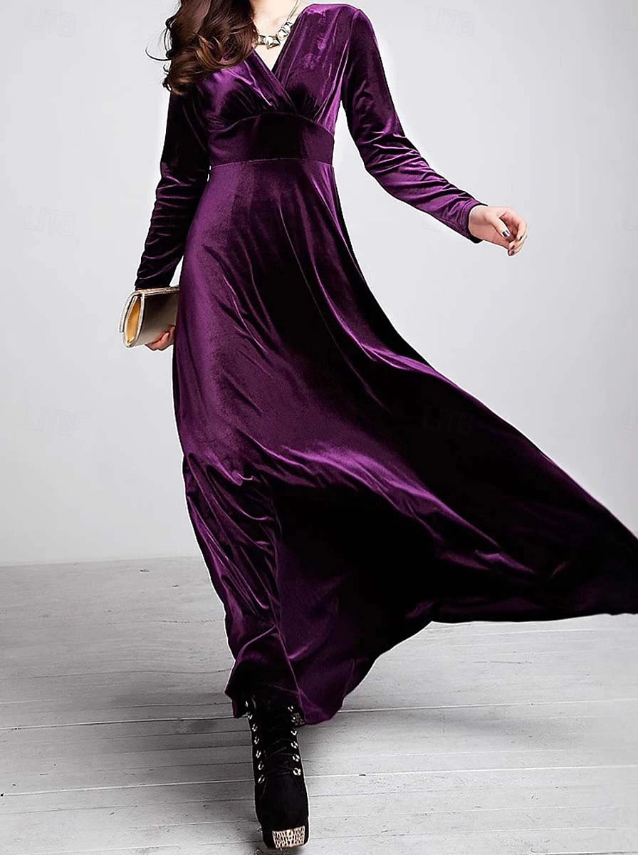 Christmas Women's Velvet Maxi Dress – Long Sleeve V-Neck Sheath