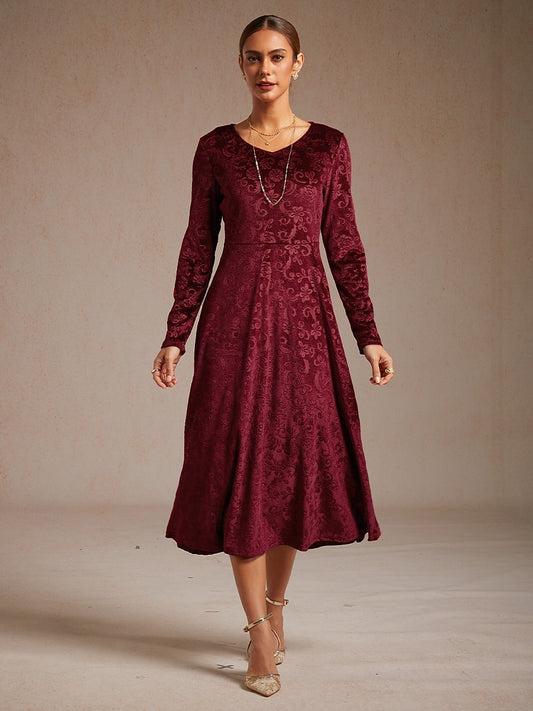 Christmas Women’s Velvet Midi Dress – Elegant Paisley Graphic Sheath Dress with Long Sleeves & V-Neck