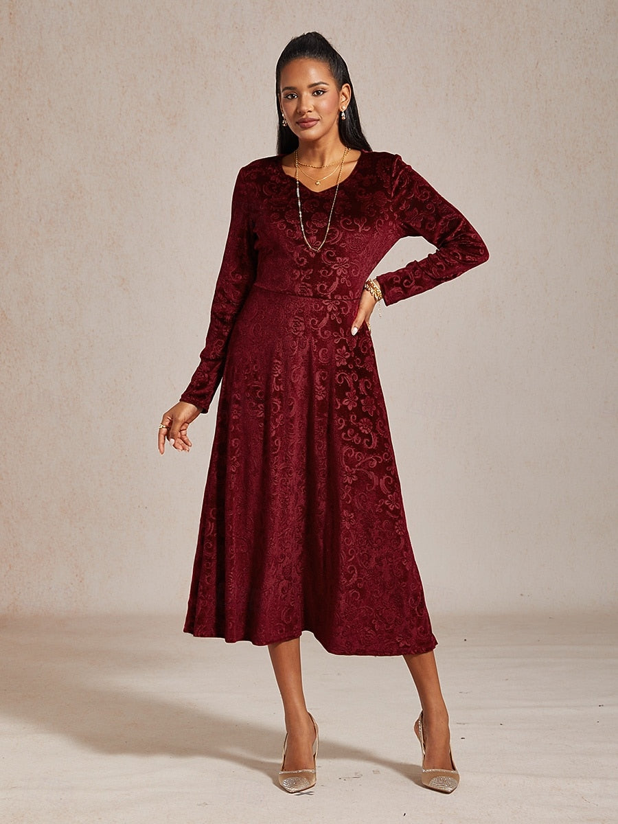 Christmas Women’s Velvet Midi Dress – Elegant Paisley Graphic Sheath Dress with Long Sleeves & V-Neck