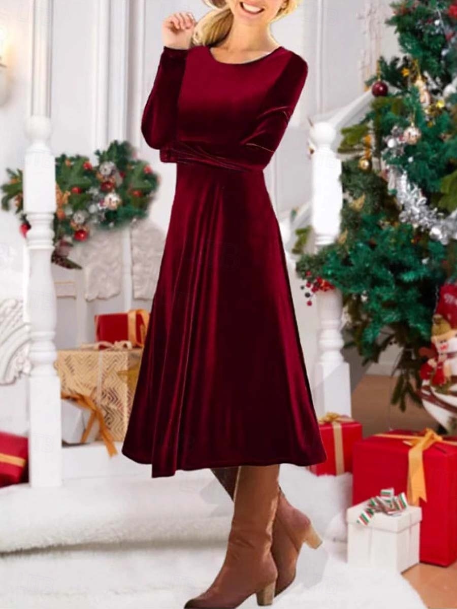 Christmas Women’s Velvet Midi Dress – Elegant Long-Sleeve Sheath, A-Line & Fit-and-Flare Dress with Crew Neck