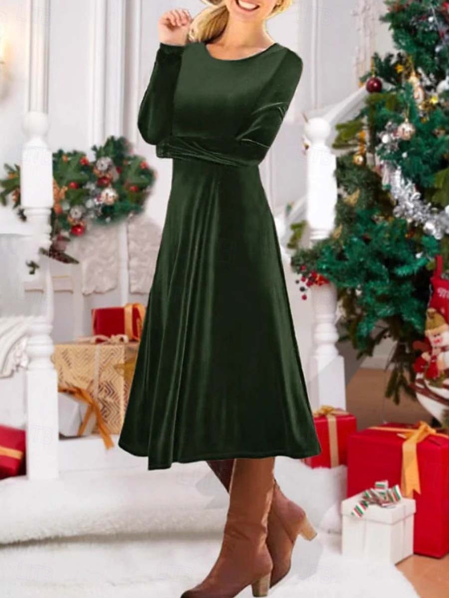 Christmas Women’s Velvet Midi Dress – Elegant Long-Sleeve Sheath, A-Line & Fit-and-Flare Dress with Crew Neck