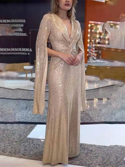 Women’s Sequin Party Dress – Glitter V-Neck Long Sleeve Prom Dress for Winter, Elegant Cocktail Dress