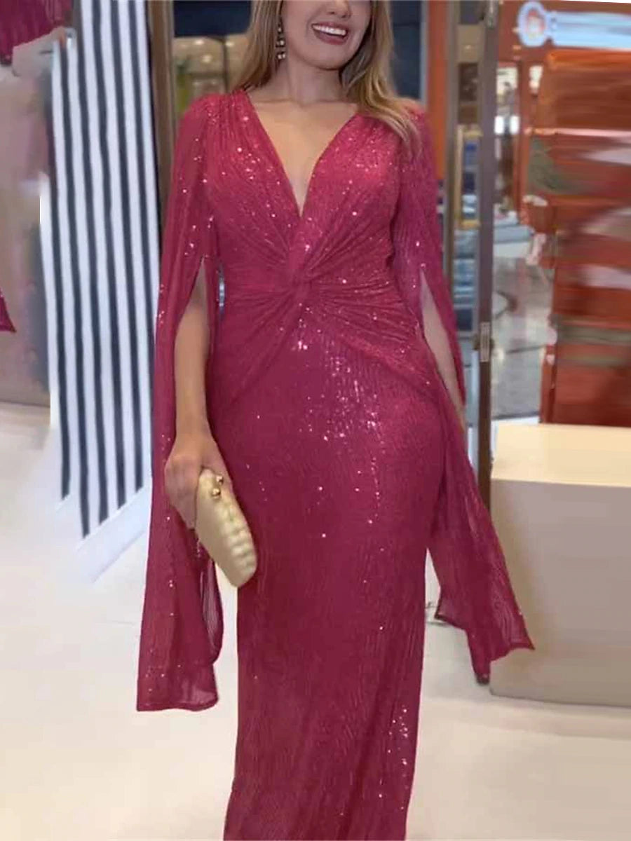 Women’s Sequin Party Dress – Glitter V-Neck Long Sleeve Prom Dress for Winter, Elegant Cocktail Dress