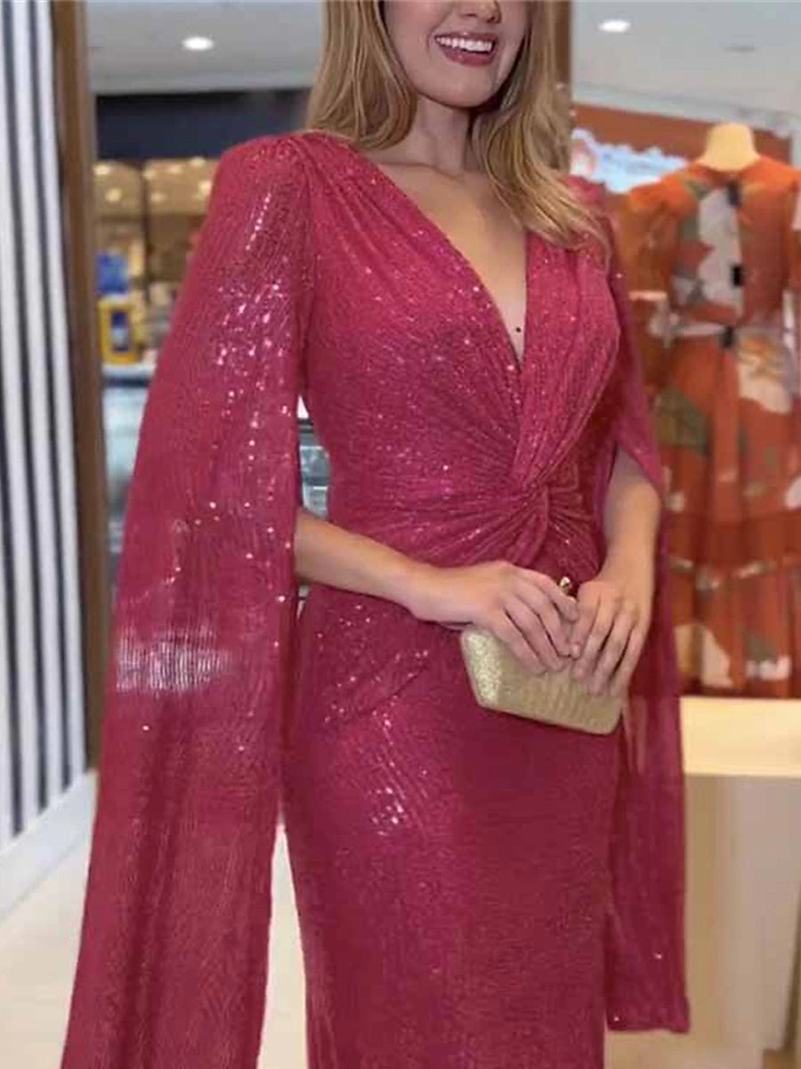 Women’s Sequin Party Dress – Glitter V-Neck Long Sleeve Prom Dress for Winter, Elegant Cocktail Dress