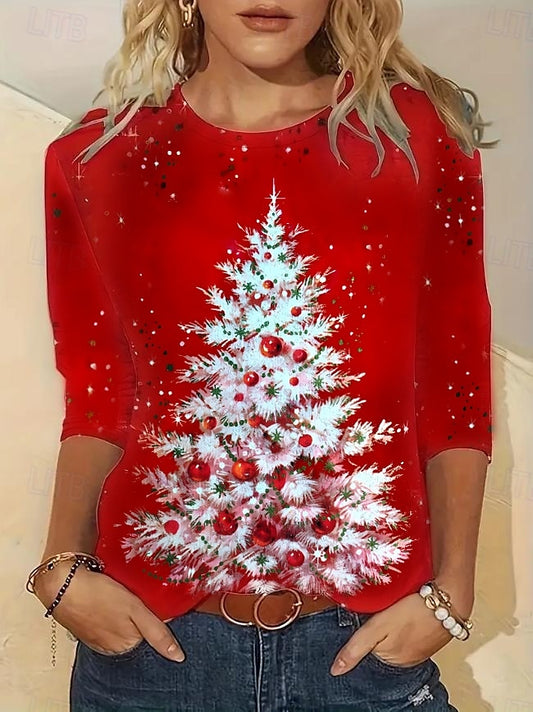 Christmas Women’s Red T-Shirt Round Neck | Festive Holiday Casual Top | Comfort Fit Partywear