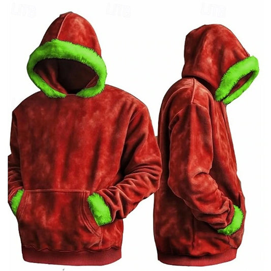 Men’s Christmas Hoodie – Red & Green Color Block Pullover, Cozy Vintage Holiday Sweatshirt with Pocket, Winter XMAS Gift