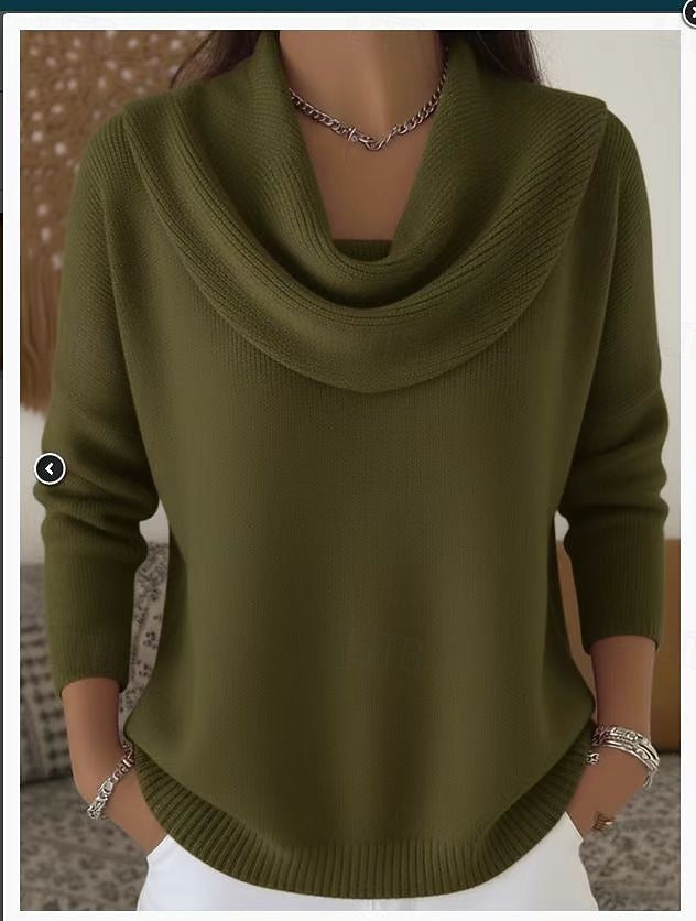 Women’s Ribbed Knitted Sweater – Soft Pure Color Cowl Neck Long Sleeve Casual Top for Fall/Winter