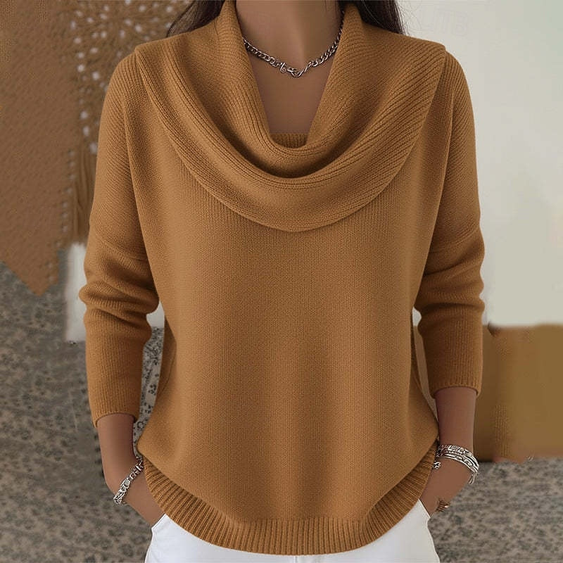 Women’s Ribbed Knitted Sweater – Soft Pure Color Cowl Neck Long Sleeve Casual Top for Fall/Winter