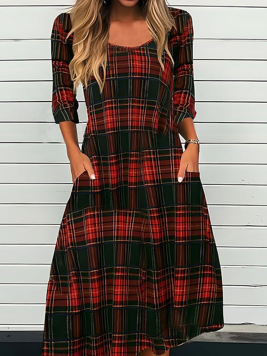 Women’s Plaid Midi Dress – Long Sleeve Crew Neck Loose Fit Sheath Dress for Fall & Winter, Casual & Modest Style