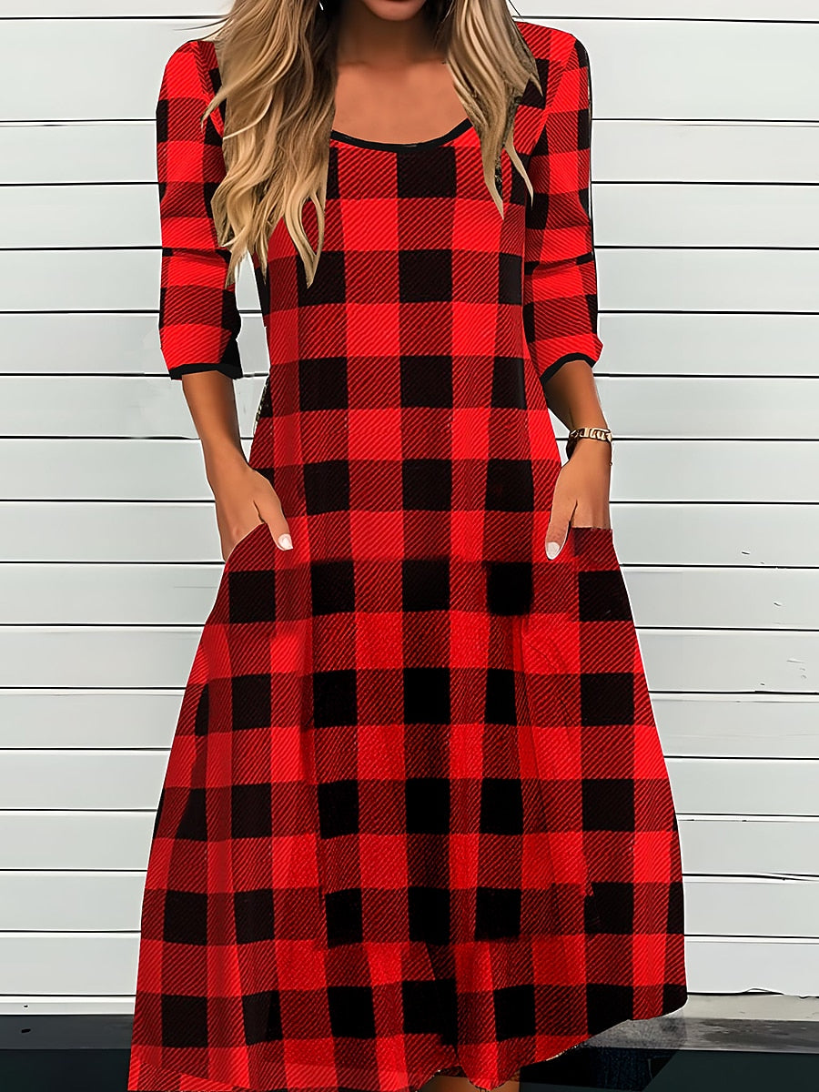 Women’s Plaid Midi Dress – Long Sleeve Crew Neck Loose Fit Sheath Dress for Fall & Winter, Casual & Modest Style