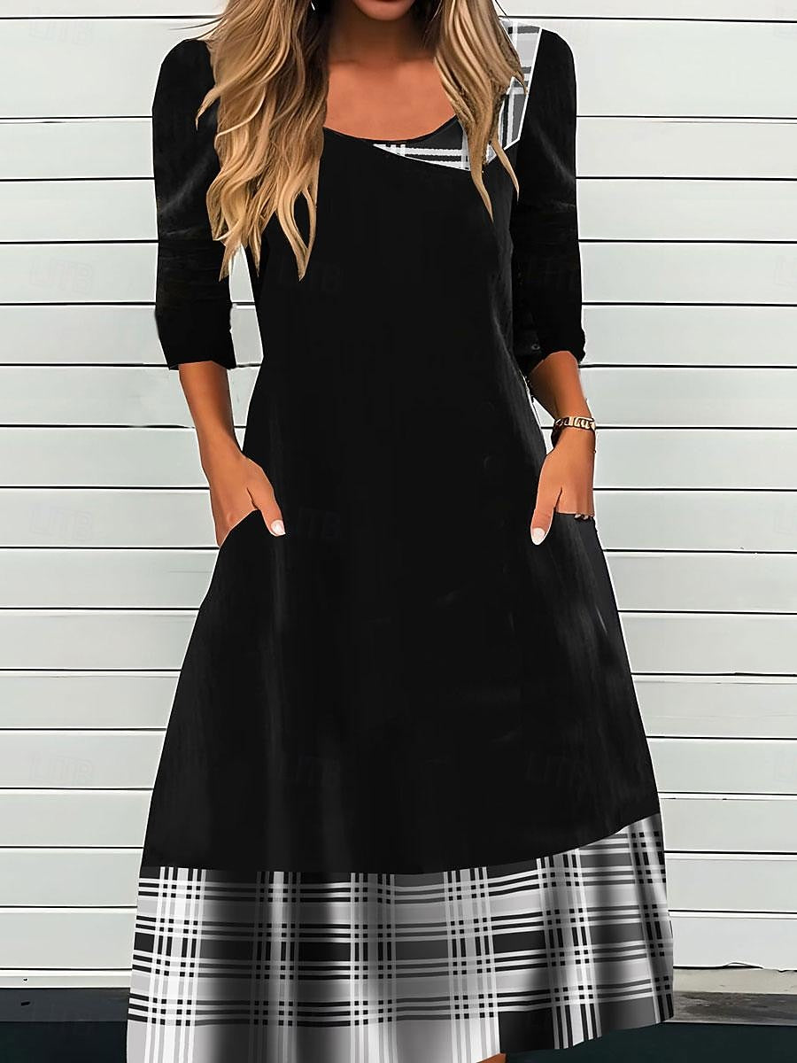 Women’s Plaid Midi Dress – Long Sleeve Crew Neck Loose Fit Sheath Dress for Fall & Winter, Casual & Modest Style