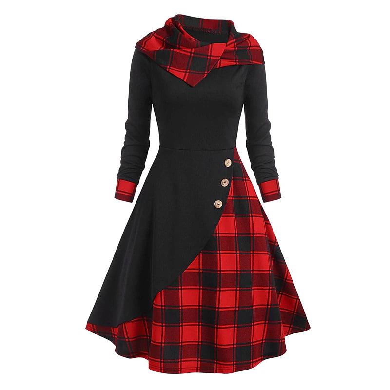 Women's Plaid Hooded Midi Dress Casual Loose Fit Long Sleeve Color Block Winter Fall Fashion Daily Wear