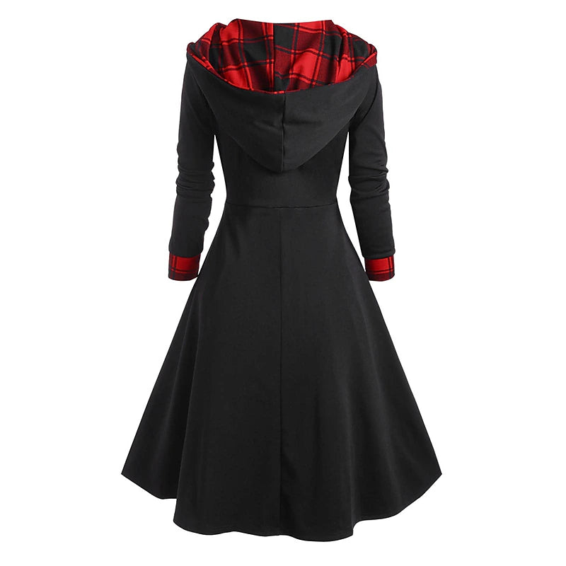 Women's Plaid Hooded Midi Dress Casual Loose Fit Long Sleeve Color Block Winter Fall Fashion Daily Wear