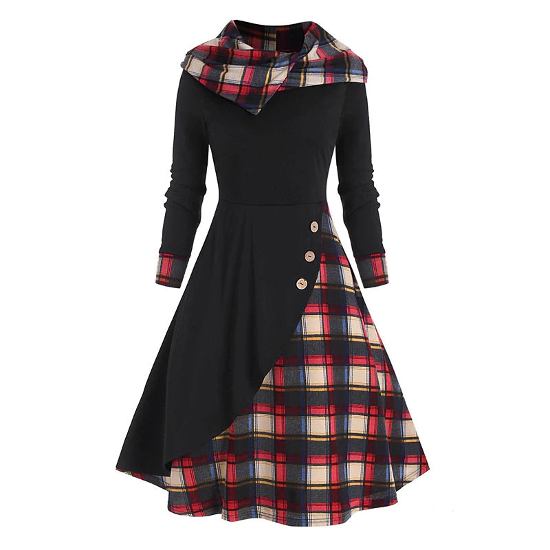 Women's Plaid Hooded Midi Dress Casual Loose Fit Long Sleeve Color Block Winter Fall Fashion Daily Wear