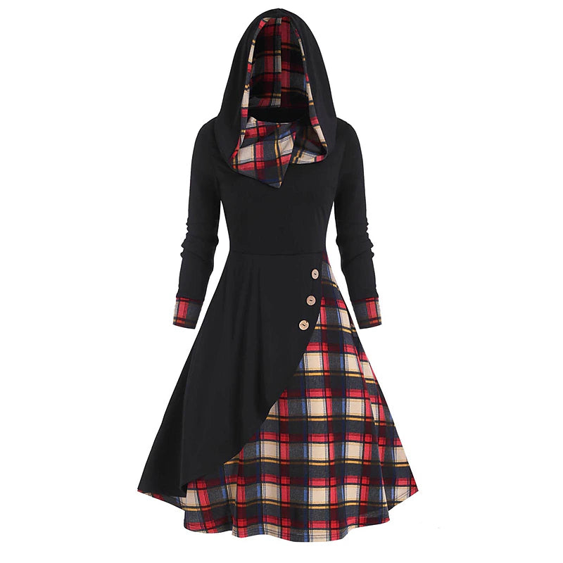 Women's Plaid Hooded Midi Dress Casual Loose Fit Long Sleeve Color Block Winter Fall Fashion Daily Wear