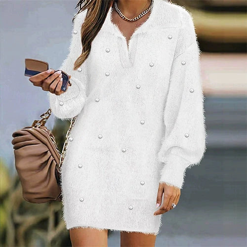 Women’s Christmas Mini Dress – Casual V-Neck Long Sleeve Holiday Party Dress, Regular Fit