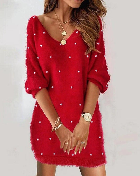 Women’s Christmas Mini Dress – Casual V-Neck Long Sleeve Holiday Party Dress, Regular Fit