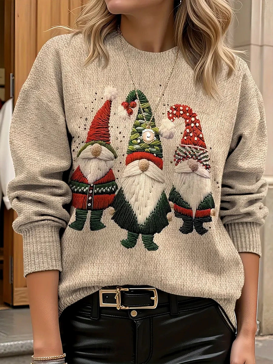 Women's Christmas Santa Claus Graphic Knit Sweater, Casual Ribbed Crew Neck Pullover