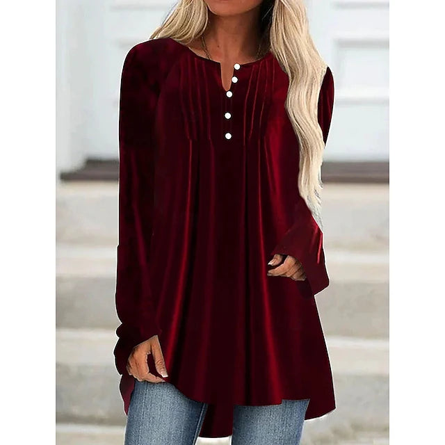 Women's Velvet V-Neck Blouse – Elegant Solid Color Long Sleeve Top, Button Detail, Stylish Daily Wear for Christmas & Winter
