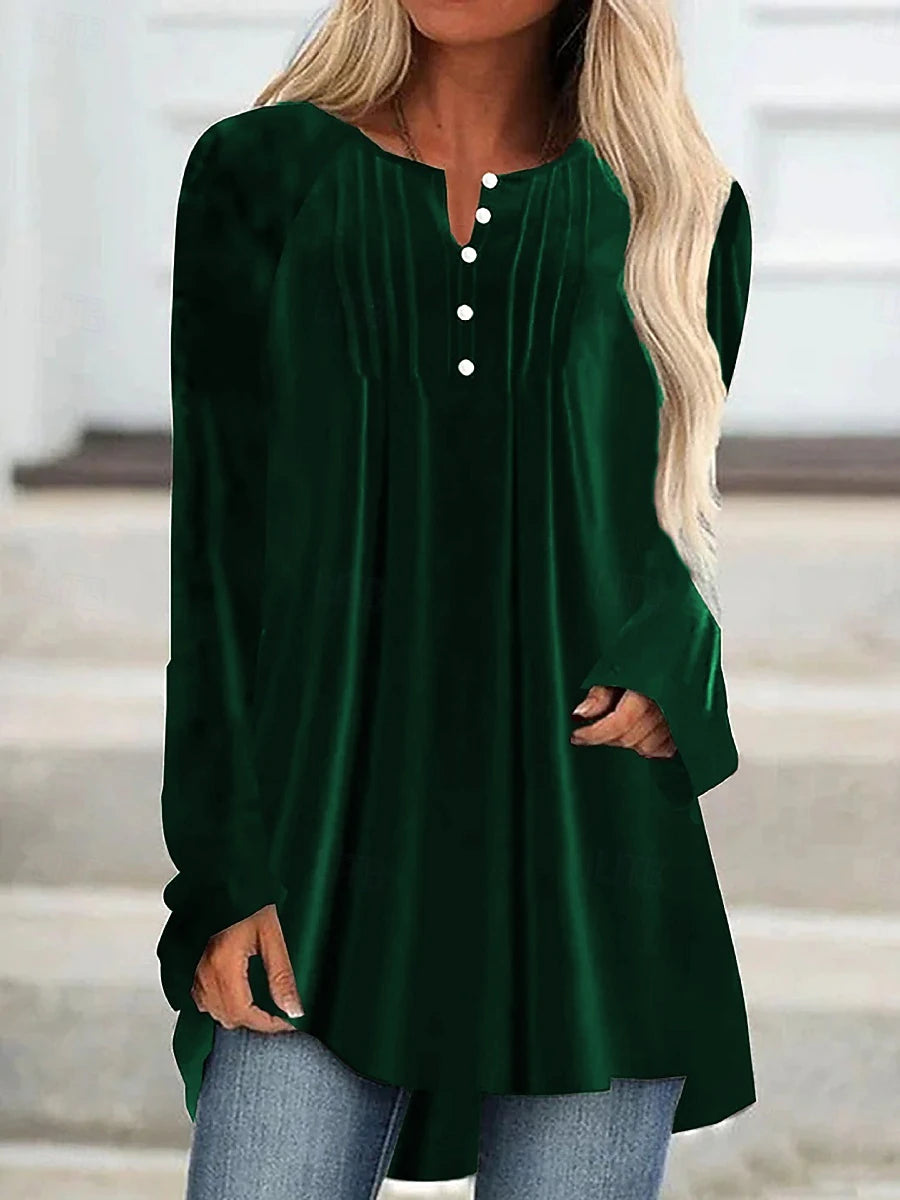 Women's Velvet V-Neck Blouse – Elegant Solid Color Long Sleeve Top, Button Detail, Stylish Daily Wear for Christmas & Winter