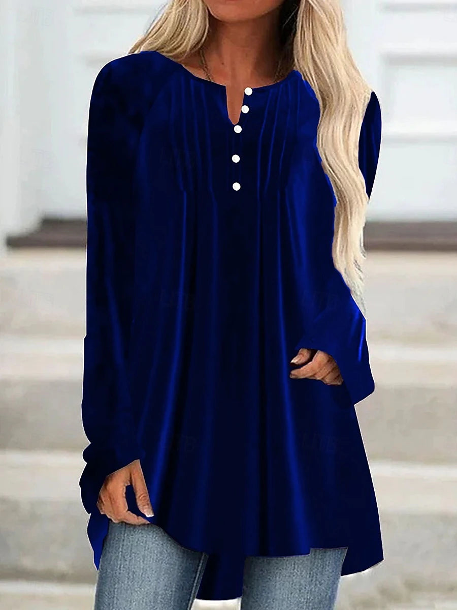 Women's Velvet V-Neck Blouse – Elegant Solid Color Long Sleeve Top, Button Detail, Stylish Daily Wear for Christmas & Winter