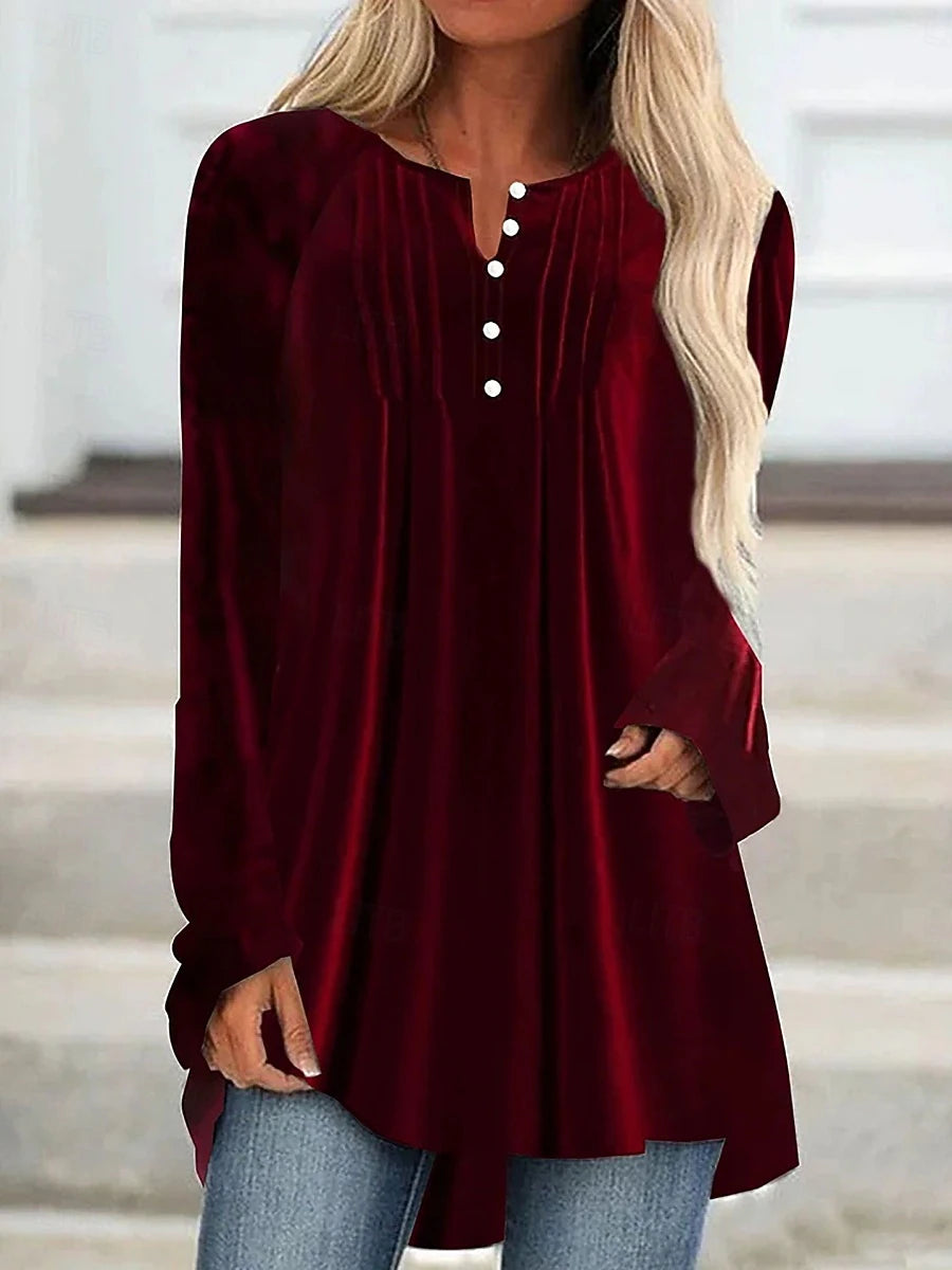 Women's Velvet V-Neck Blouse – Elegant Solid Color Long Sleeve Top, Button Detail, Stylish Daily Wear for Christmas & Winter