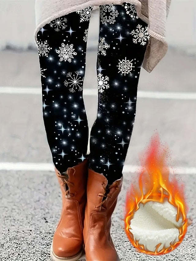 Women's High-Waist Fleece Leggings – Cozy Stretchy Thermal Pants with Christmas Snowflake