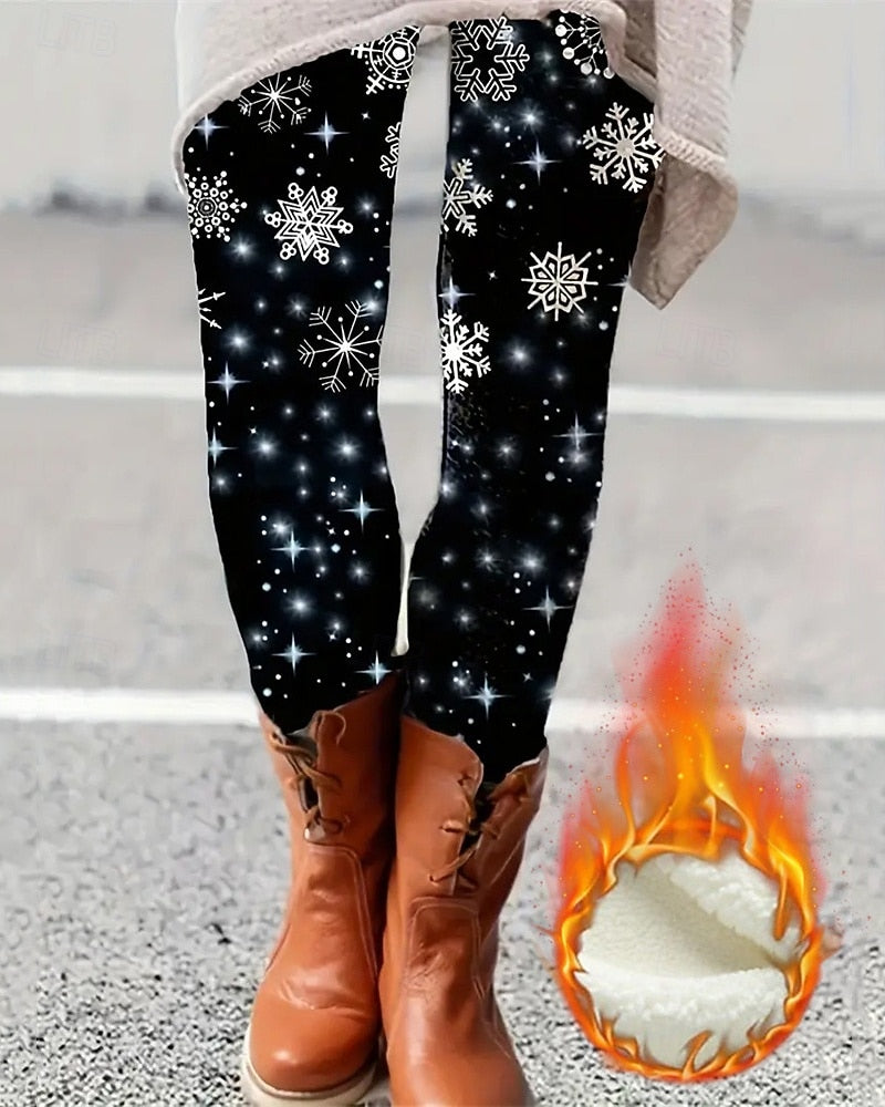 Women's High-Waist Fleece Leggings – Cozy Stretchy Thermal Pants with Christmas Snowflake