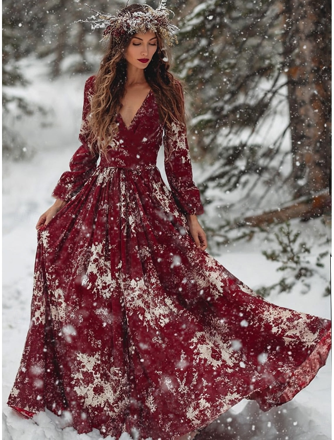 Christmas Snowflake Maxi Dress for Women – Pleated V-Neck Long Sleeve Party & Casual Winter Dress