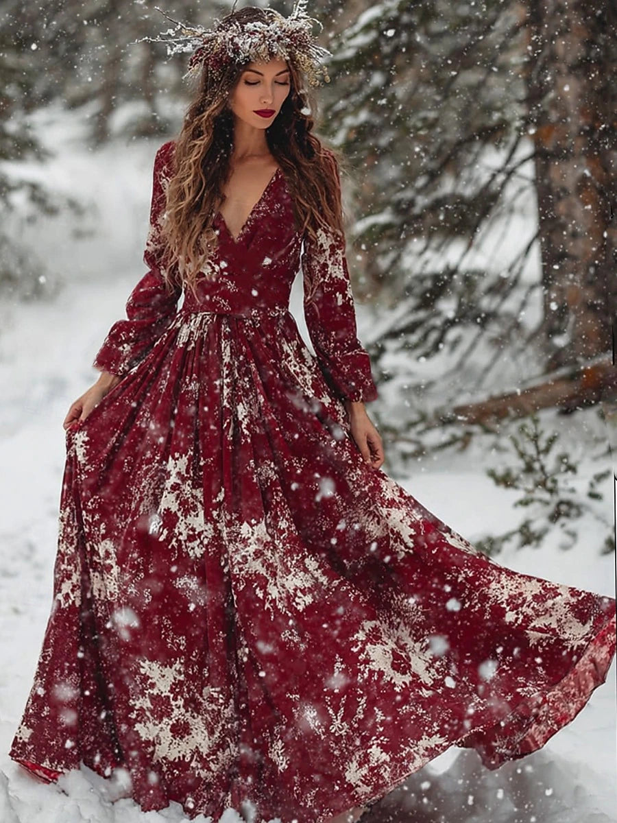 Christmas Snowflake Maxi Dress for Women – Pleated V-Neck Long Sleeve Party & Casual Winter Dress