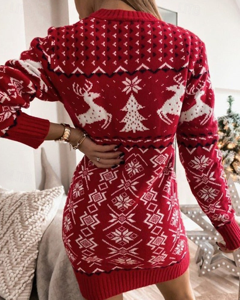 Women's Christmas Reindeer Sweater Dress – Floral Print, Crew Neck, Long Sleeve, Casual Holiday Mini Dress