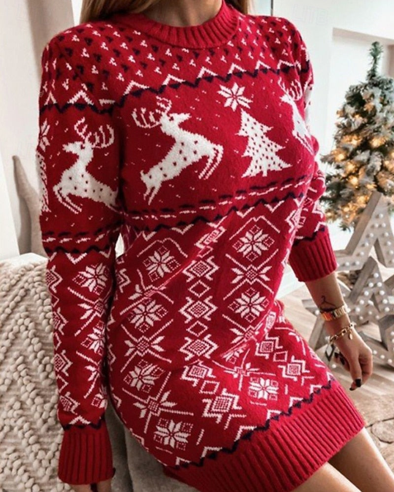 Women's Christmas Reindeer Sweater Dress – Floral Print, Crew Neck, Long Sleeve, Casual Holiday Mini Dress