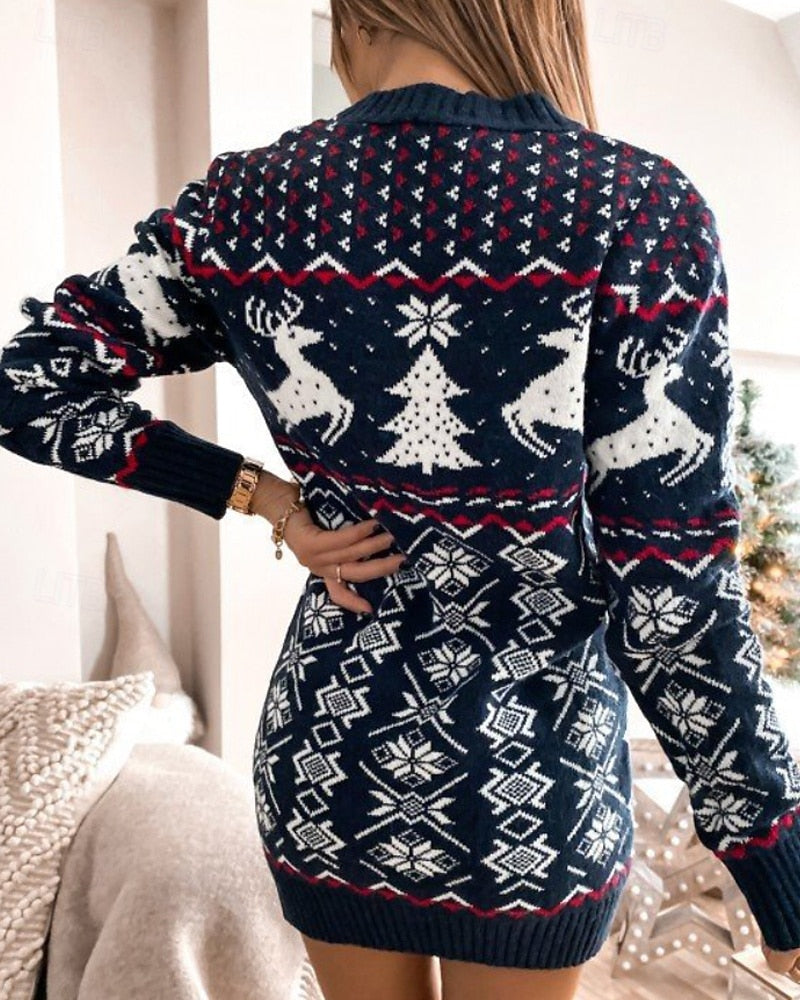 Women's Christmas Reindeer Sweater Dress – Floral Print, Crew Neck, Long Sleeve, Casual Holiday Mini Dress