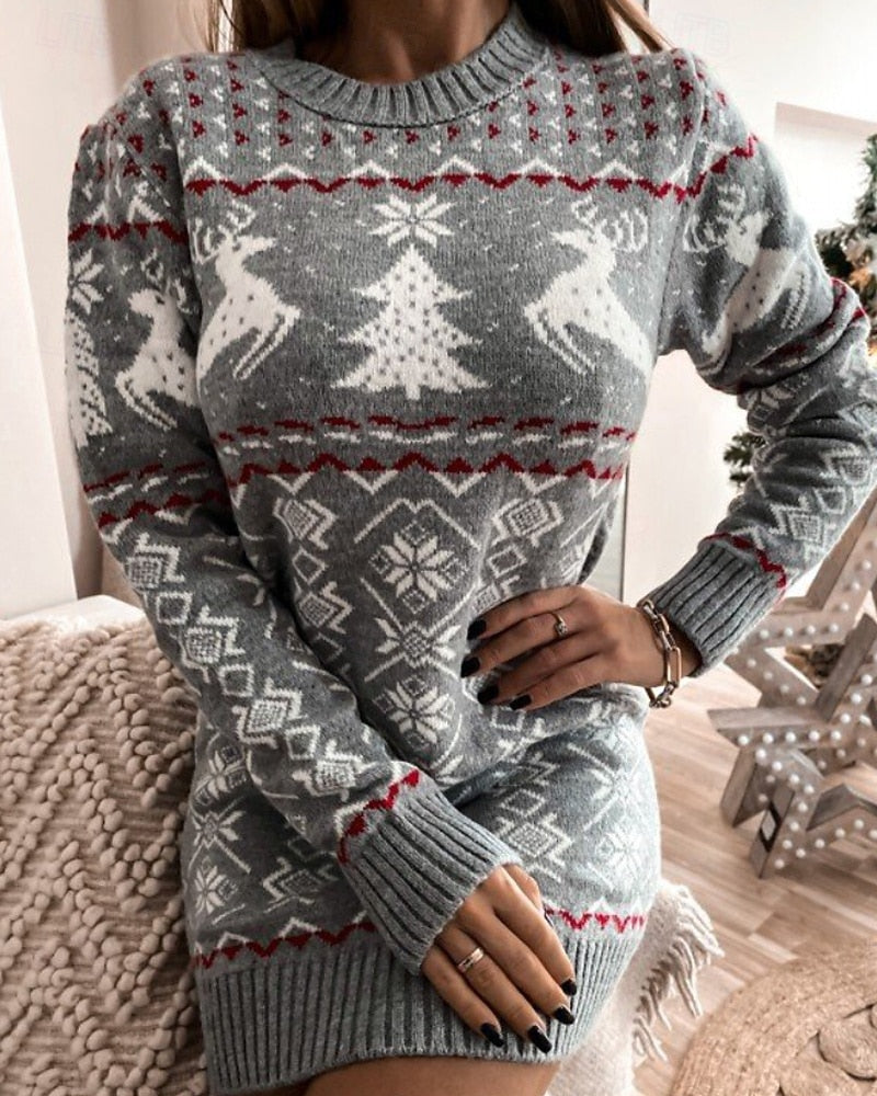 Women's Christmas Reindeer Sweater Dress – Floral Print, Crew Neck, Long Sleeve, Casual Holiday Mini Dress