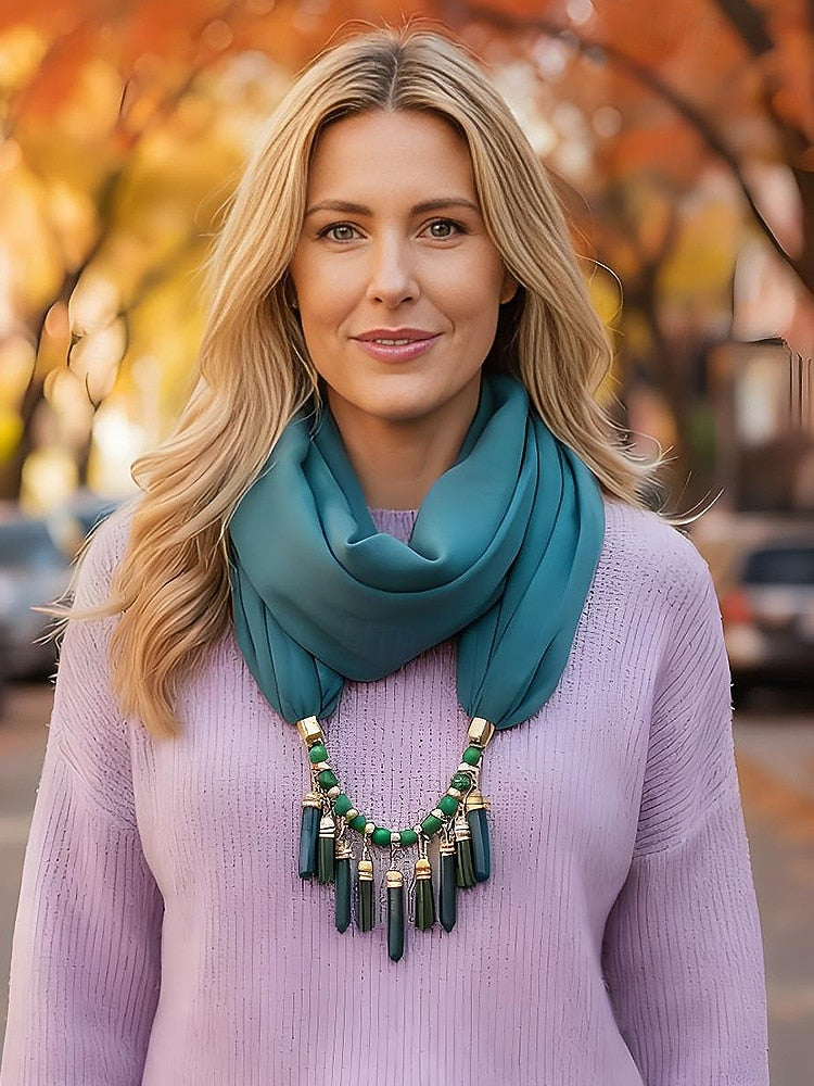 Women's Christmas Scarf Necklace – Soft Tassel Scarf with Beaded Pendant, Elegant Multi-Color Winter Accessory for Holiday Parties & Outfits