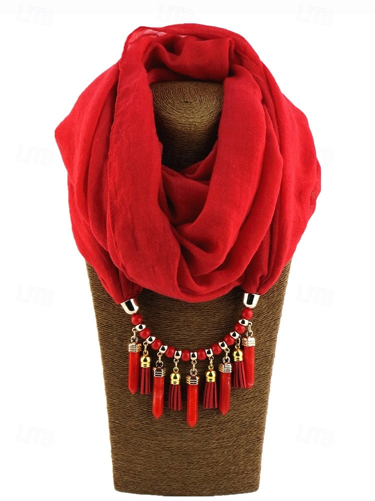 Women's Christmas Scarf Necklace – Soft Tassel Scarf with Beaded Pendant, Elegant Multi-Color Winter Accessory for Holiday Parties & Outfits