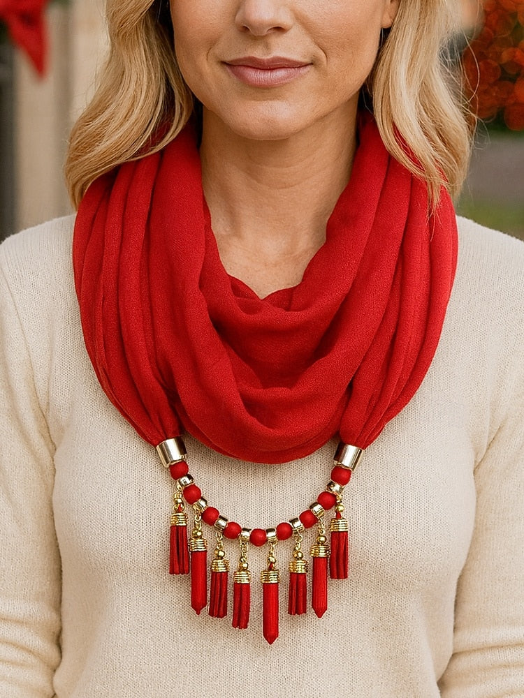 Women's Christmas Scarf Necklace – Soft Tassel Scarf with Beaded Pendant, Elegant Multi-Color Winter Accessory for Holiday Parties & Outfits